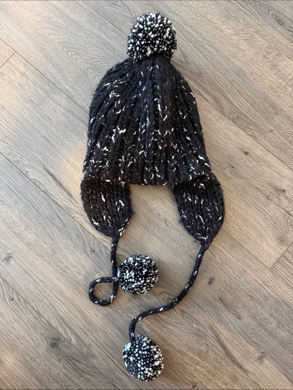 Madewell Black and White Knit Earflap Pom Pom Hat Winter